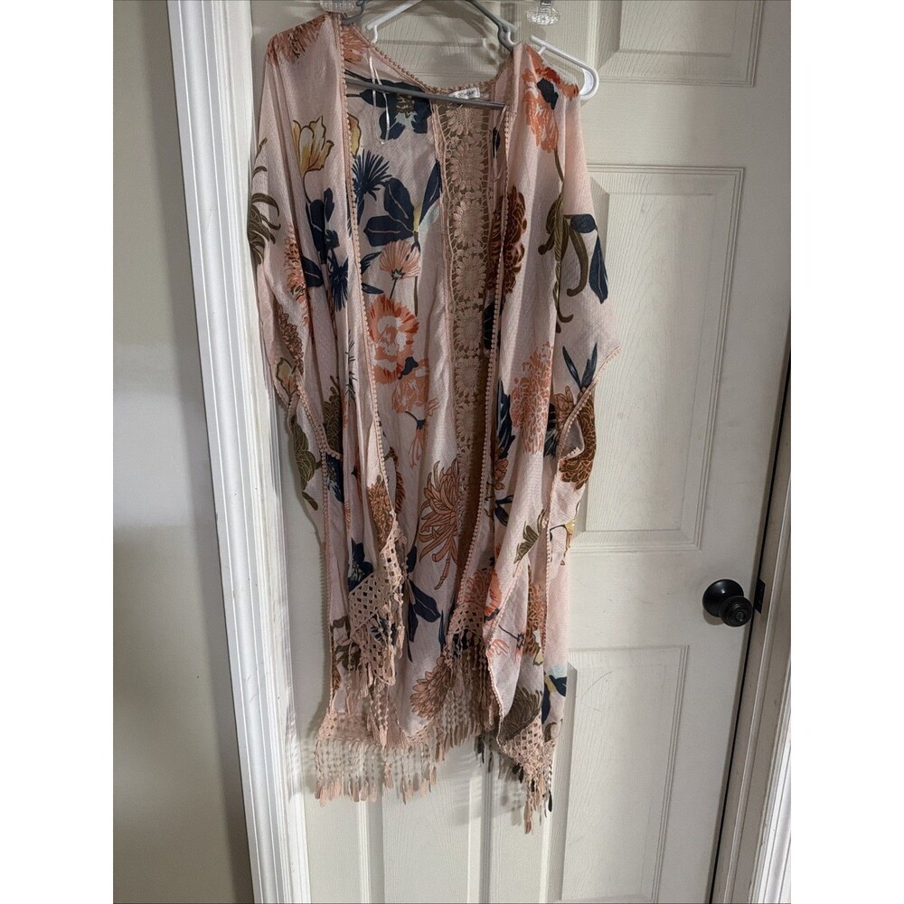 Woven Heart Floral Duster Kimono Womens Small Fringe Lightweight Boho Cottage